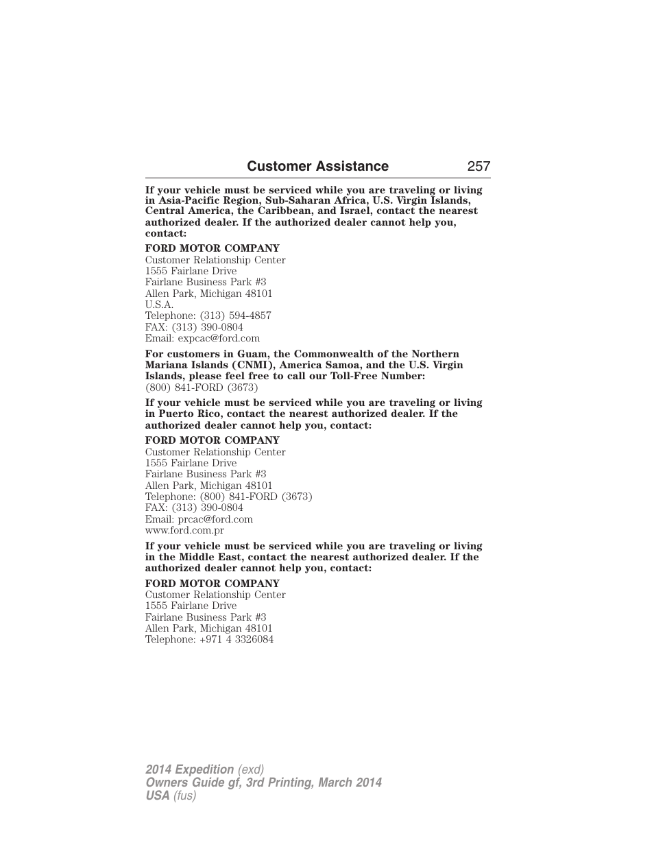 Customer assistance 257 | FORD 2014 Expedition v.3 User Manual | Page 258 / 520