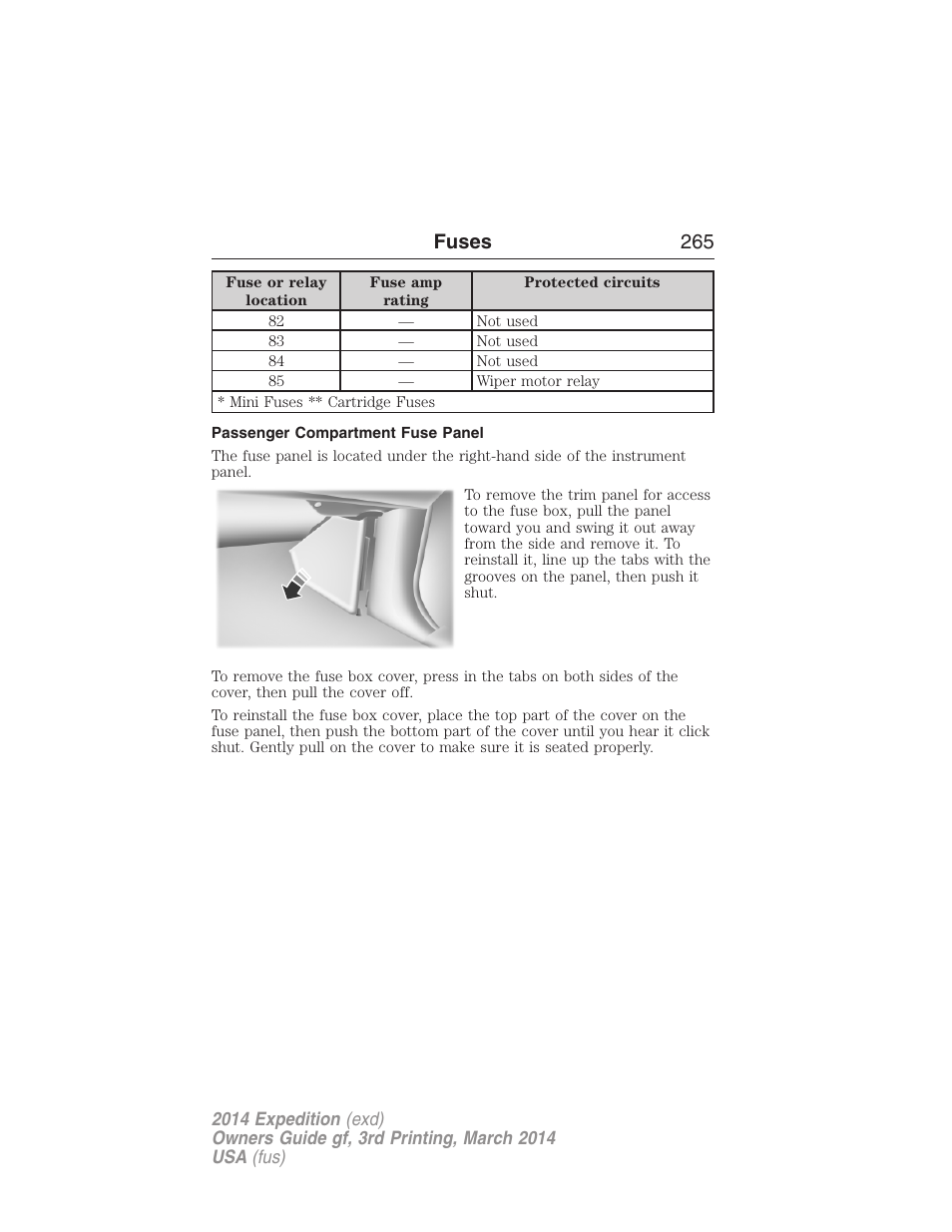 Passenger compartment fuse panel, Fuses 265 | FORD 2014 Expedition v.3 User Manual | Page 266 / 520