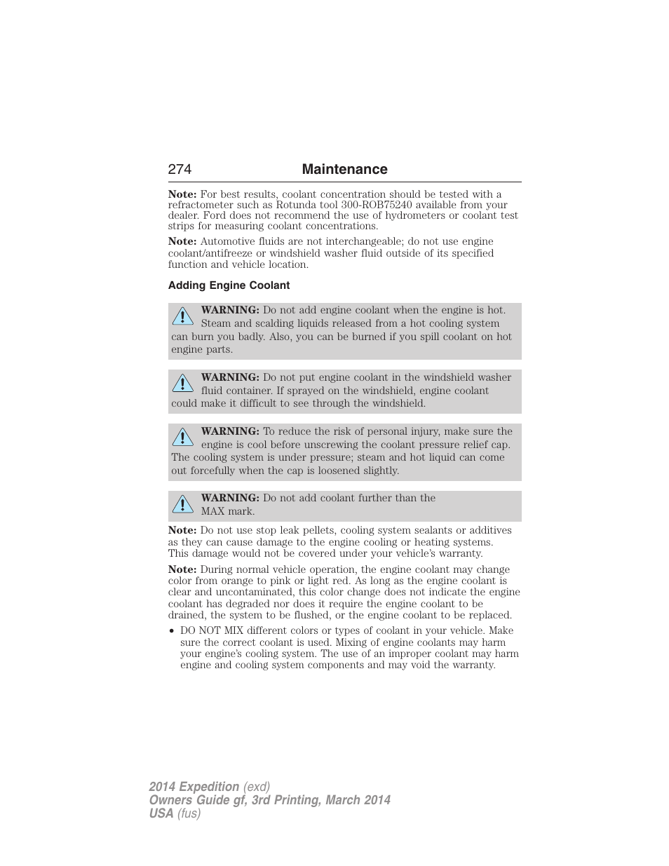 Adding engine coolant, 274 maintenance | FORD 2014 Expedition v.3 User Manual | Page 275 / 520