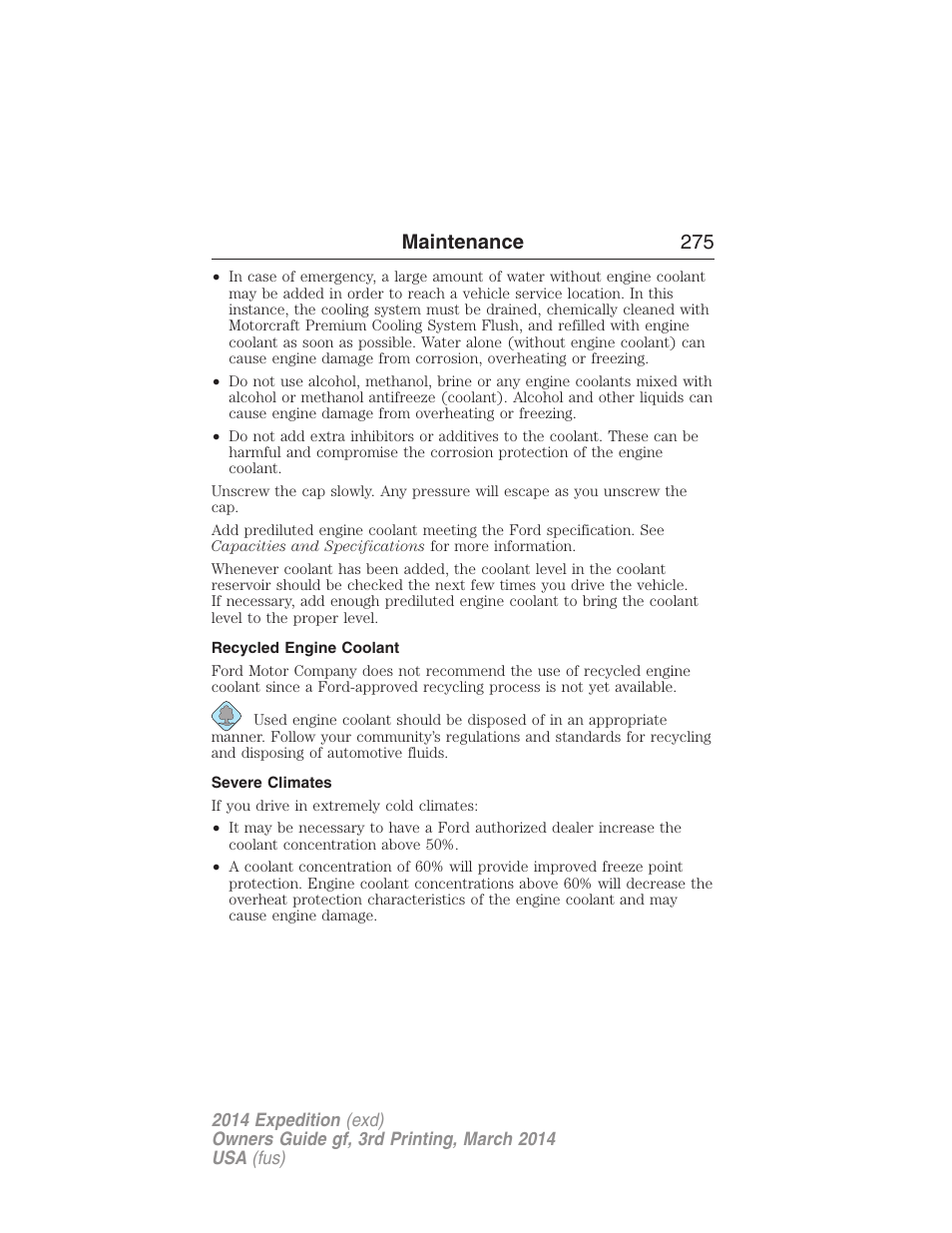 Recycled engine coolant, Severe climates, Maintenance 275 | FORD 2014 Expedition v.3 User Manual | Page 276 / 520