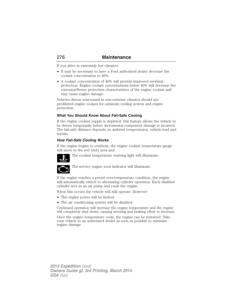 What you should know about fail-safe cooling, How fail-safe cooling works, 276 maintenance | FORD 2014 Expedition v.3 User Manual | Page 277 / 520