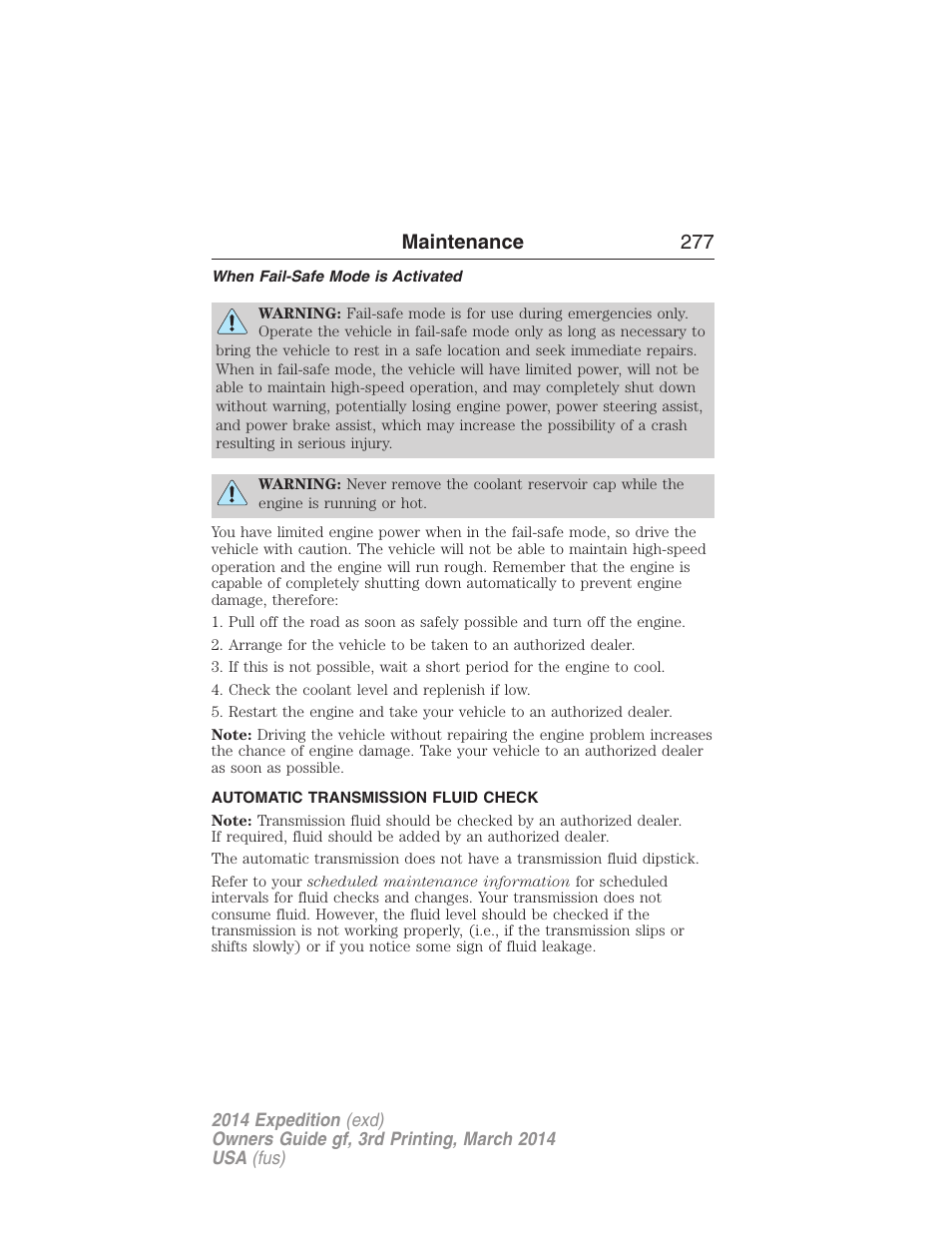 When fail-safe mode is activated, Automatic transmission fluid check, Maintenance 277 | FORD 2014 Expedition v.3 User Manual | Page 278 / 520