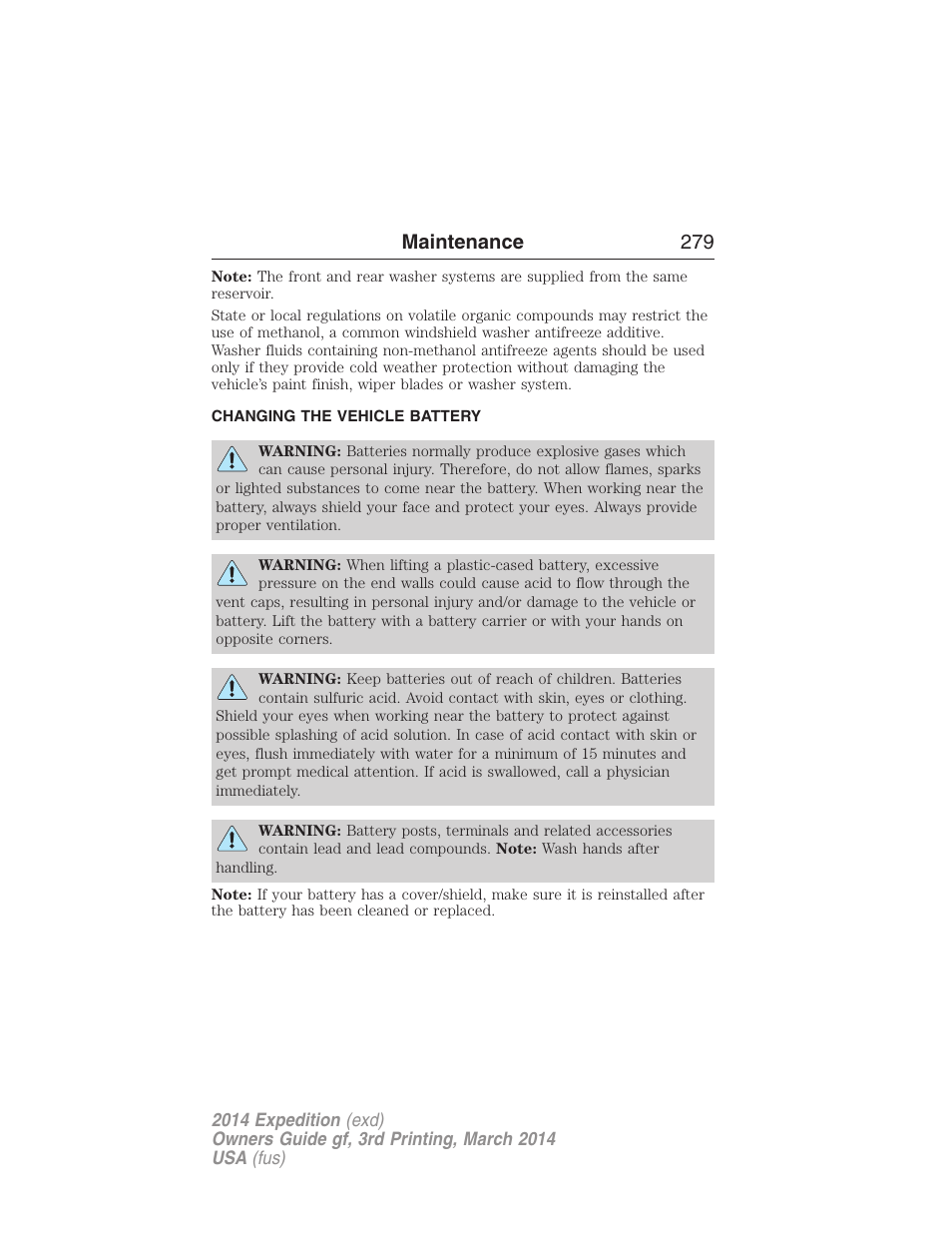 Changing the vehicle battery, Battery, Maintenance 279 | FORD 2014 Expedition v.3 User Manual | Page 280 / 520