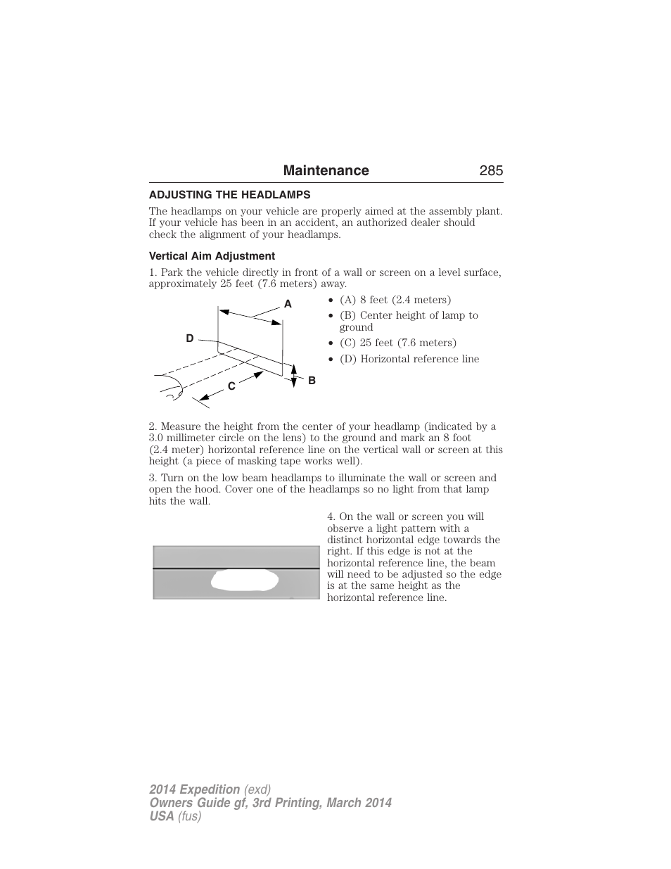 Adjusting the headlamps, Vertical aim adjustment, Maintenance 285 | FORD 2014 Expedition v.3 User Manual | Page 286 / 520