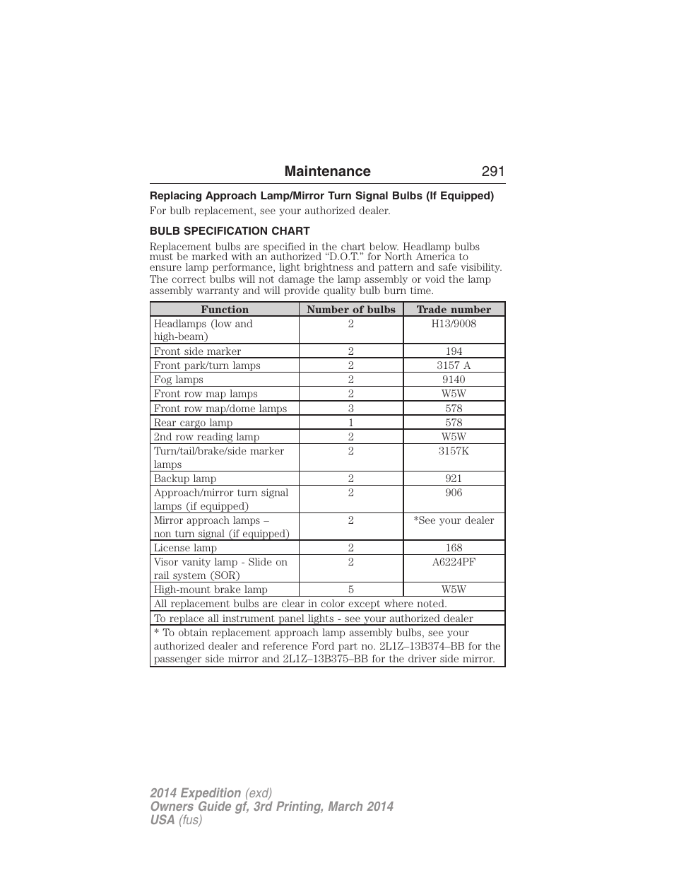 Bulb specification chart, Maintenance 291 | FORD 2014 Expedition v.3 User Manual | Page 292 / 520