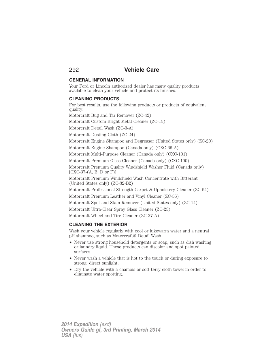 Vehicle care, General information, Cleaning products | Cleaning the exterior, 292 vehicle care | FORD 2014 Expedition v.3 User Manual | Page 293 / 520