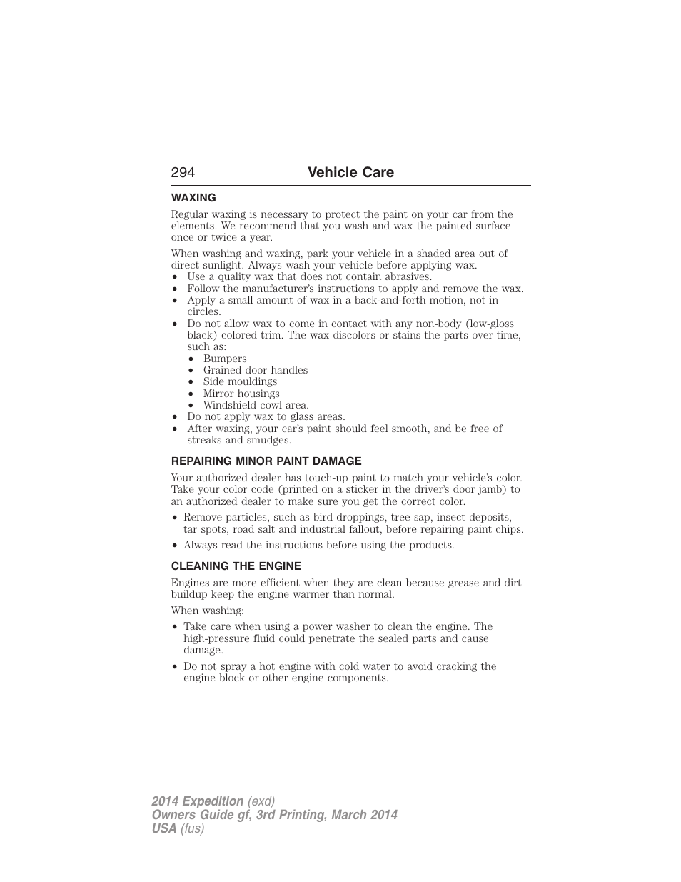 Waxing, Repairing minor paint damage, Cleaning the engine | 294 vehicle care | FORD 2014 Expedition v.3 User Manual | Page 295 / 520