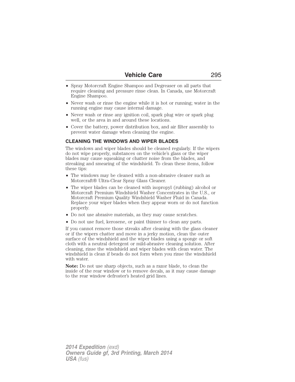 Cleaning the windows and wiper blades, Vehicle care 295 | FORD 2014 Expedition v.3 User Manual | Page 296 / 520