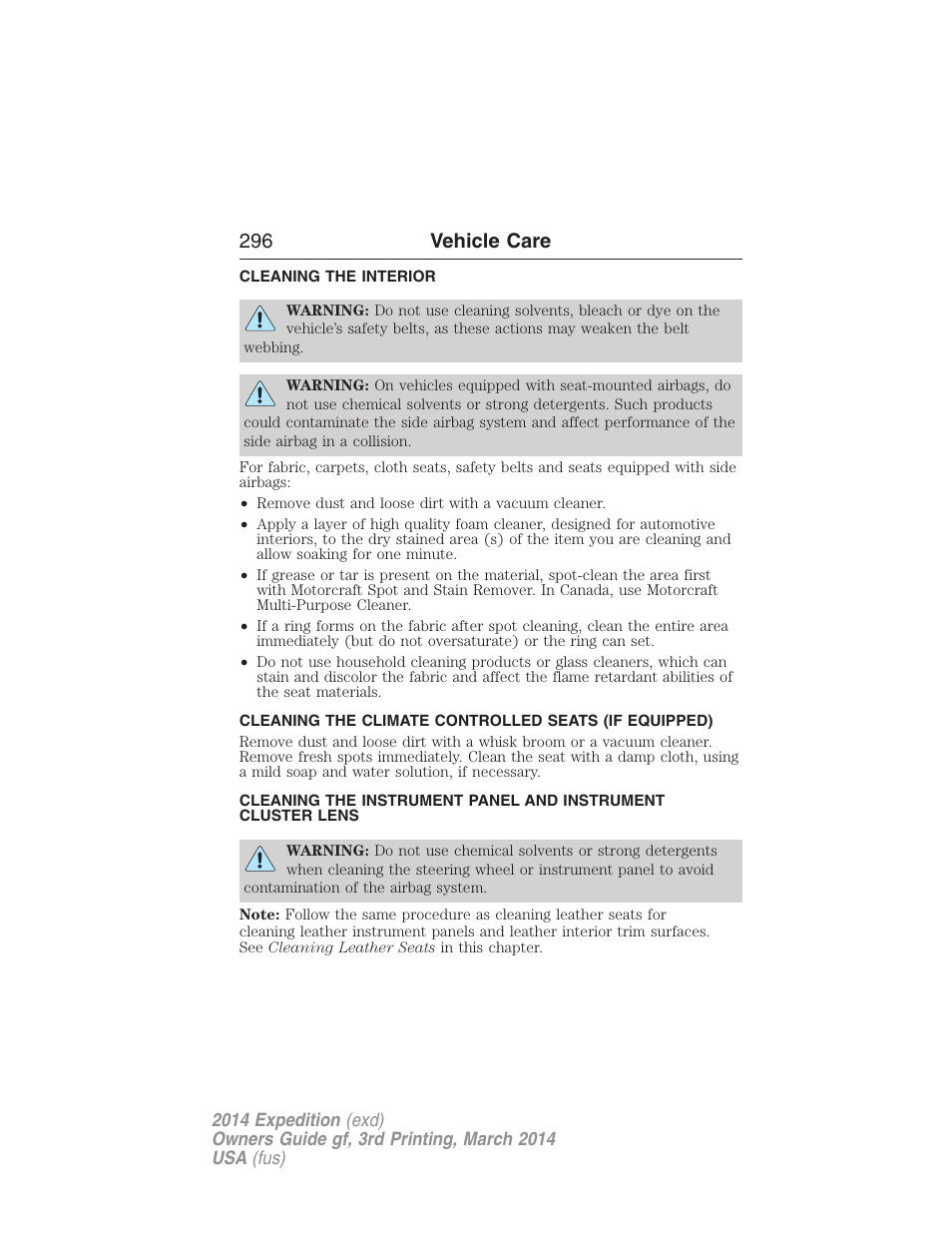Cleaning the interior, 296 vehicle care | FORD 2014 Expedition v.3 User Manual | Page 297 / 520
