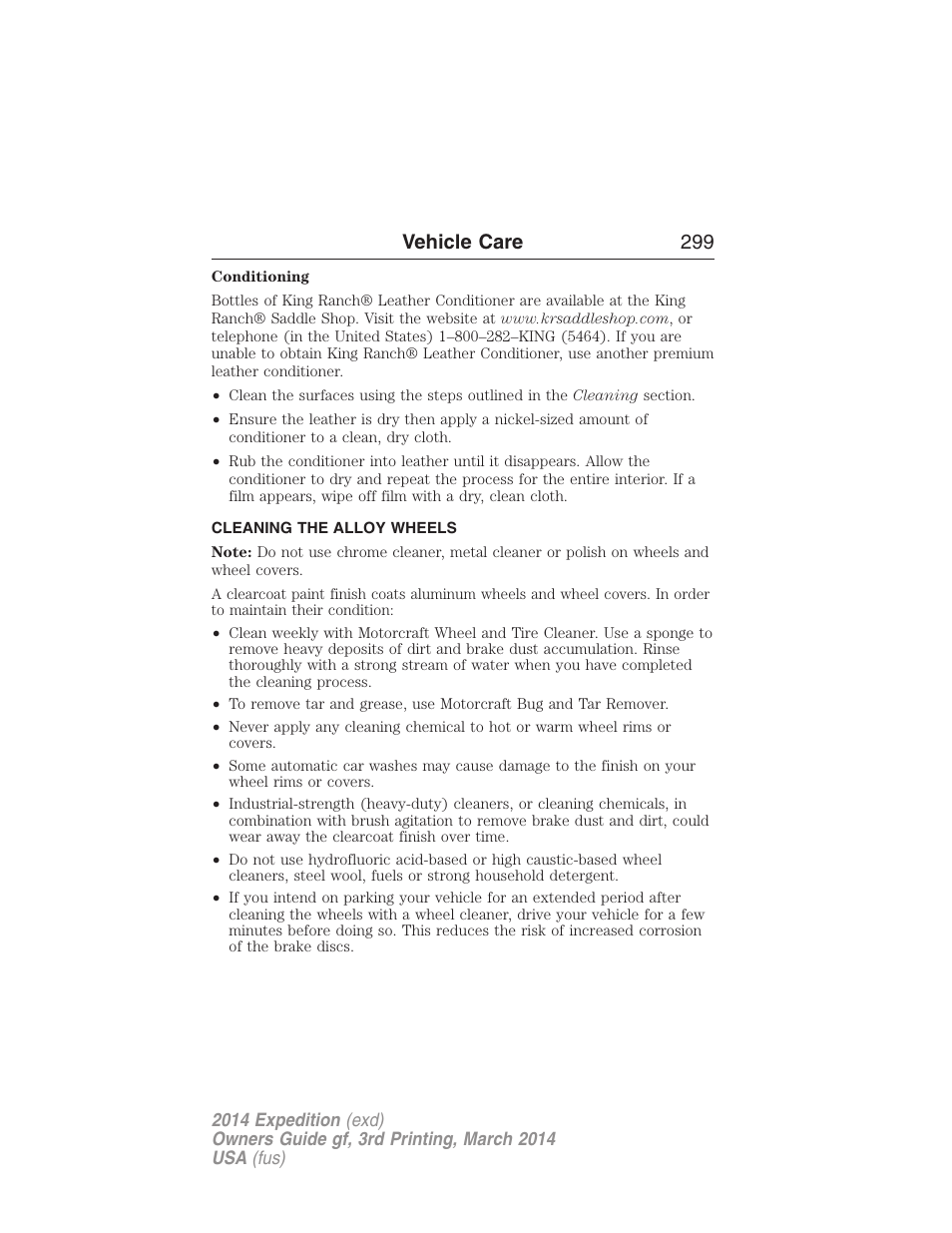 Cleaning the alloy wheels, Vehicle care 299 | FORD 2014 Expedition v.3 User Manual | Page 300 / 520
