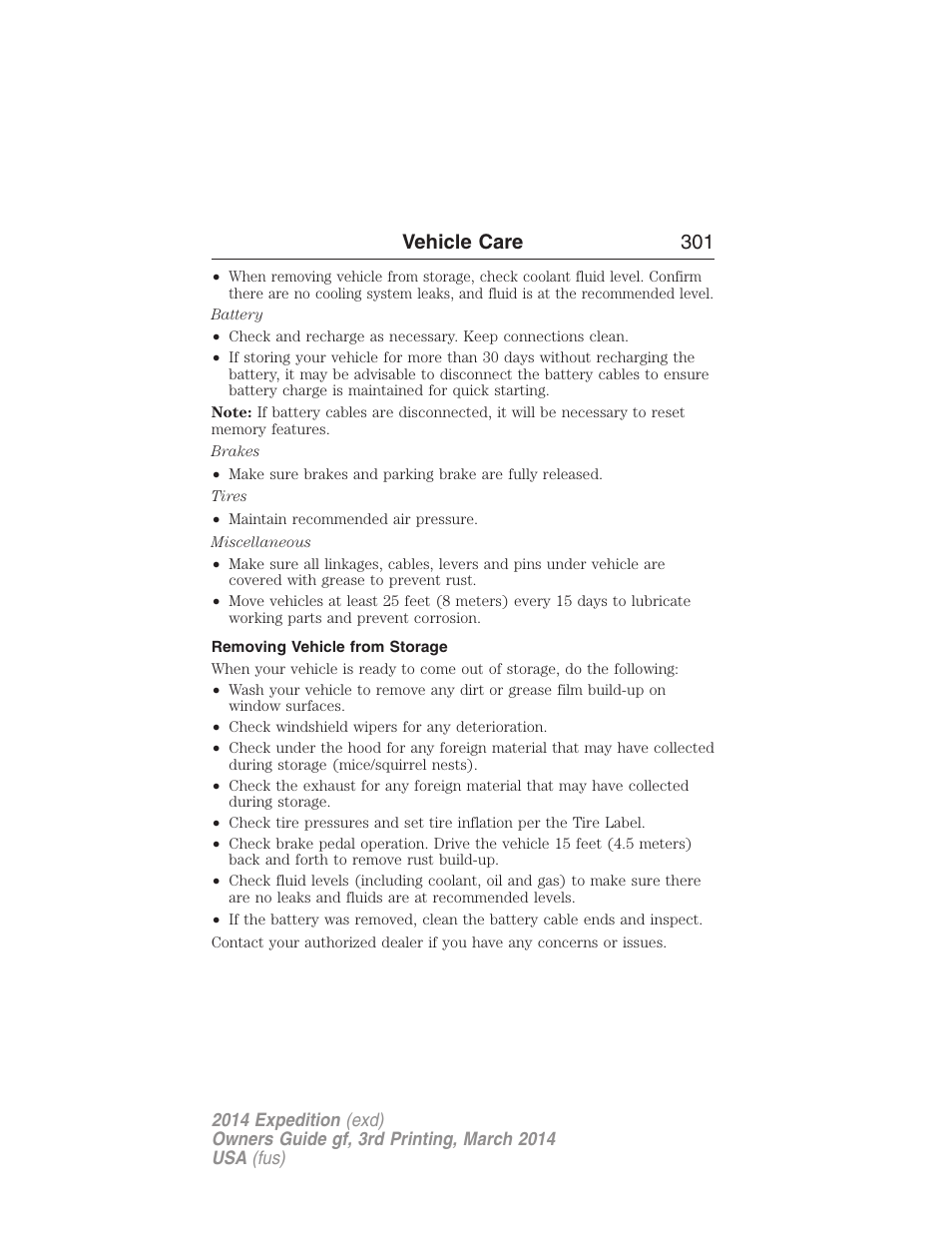 Removing vehicle from storage, Vehicle care 301 | FORD 2014 Expedition v.3 User Manual | Page 302 / 520