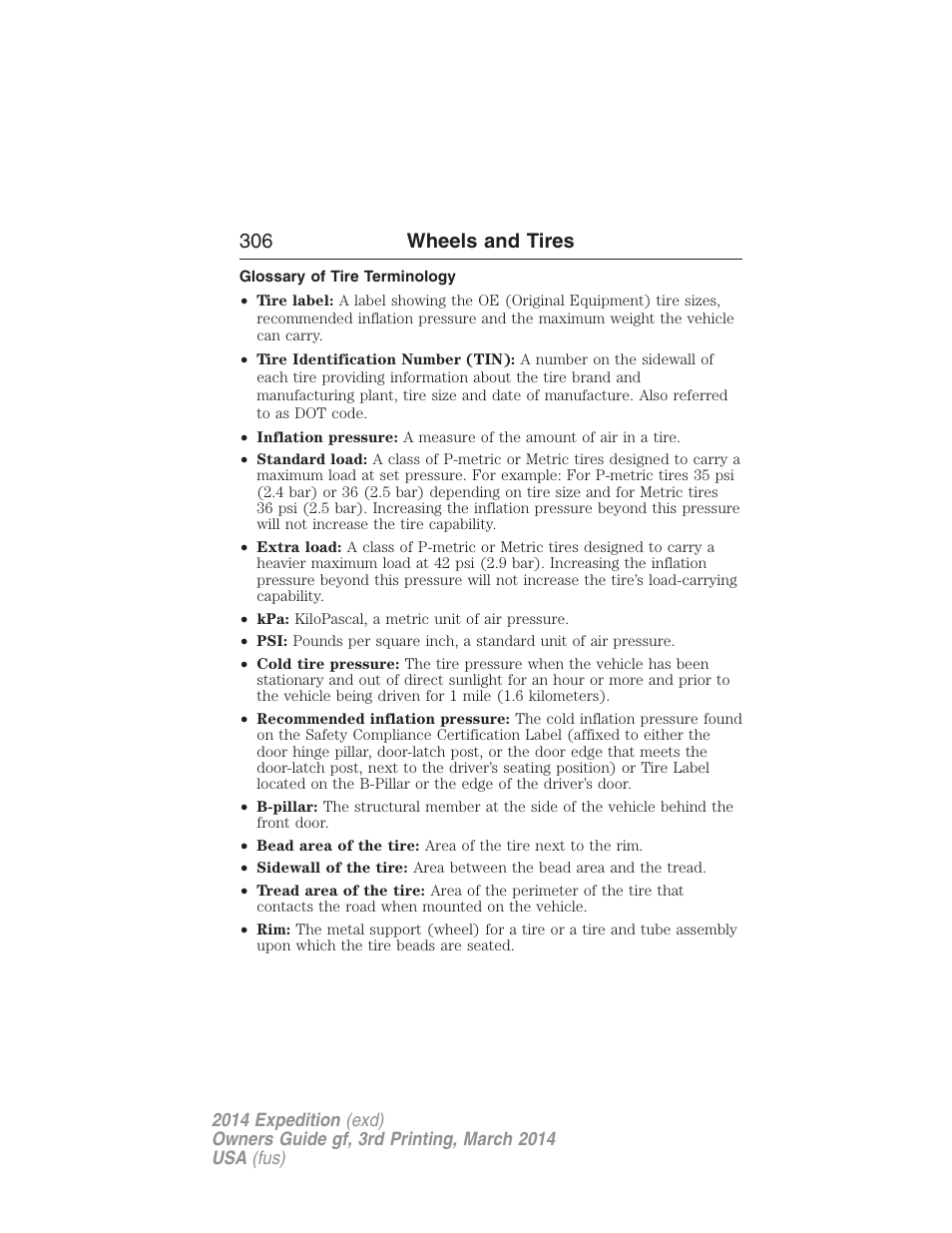 Glossary of tire terminology, 306 wheels and tires | FORD 2014 Expedition v.3 User Manual | Page 307 / 520