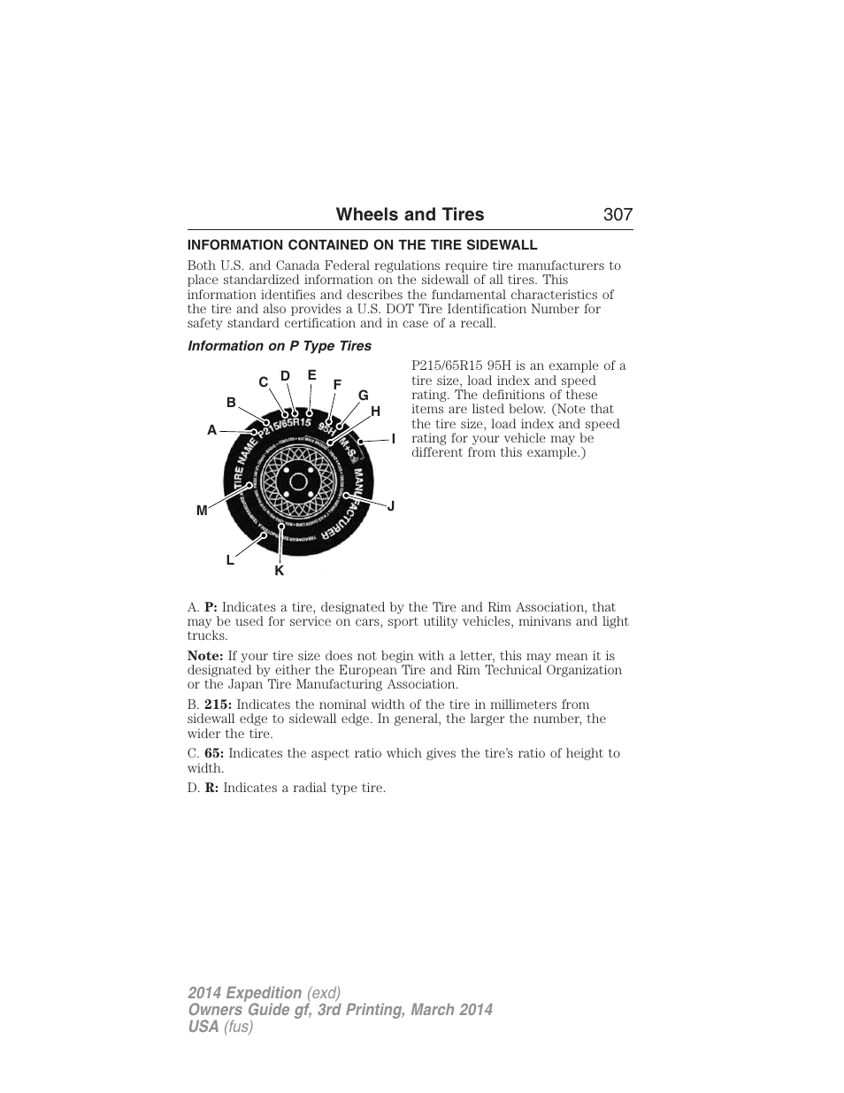 Information contained on the tire sidewall, Information on p type tires, Wheels and tires 307 | FORD 2014 Expedition v.3 User Manual | Page 308 / 520
