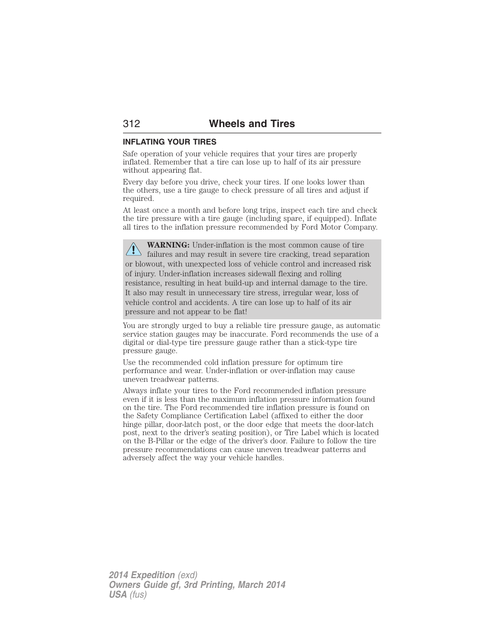 Inflating your tires, 312 wheels and tires | FORD 2014 Expedition v.3 User Manual | Page 313 / 520