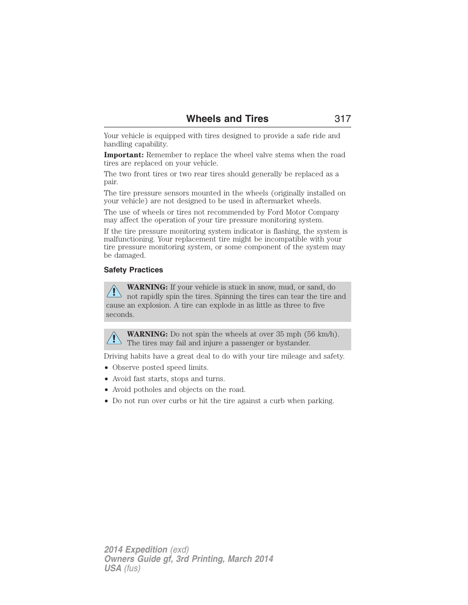 Safety practices, Wheels and tires 317 | FORD 2014 Expedition v.3 User Manual | Page 318 / 520