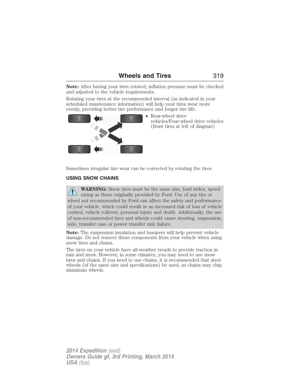 Using snow chains, Wheels and tires 319 | FORD 2014 Expedition v.3 User Manual | Page 320 / 520