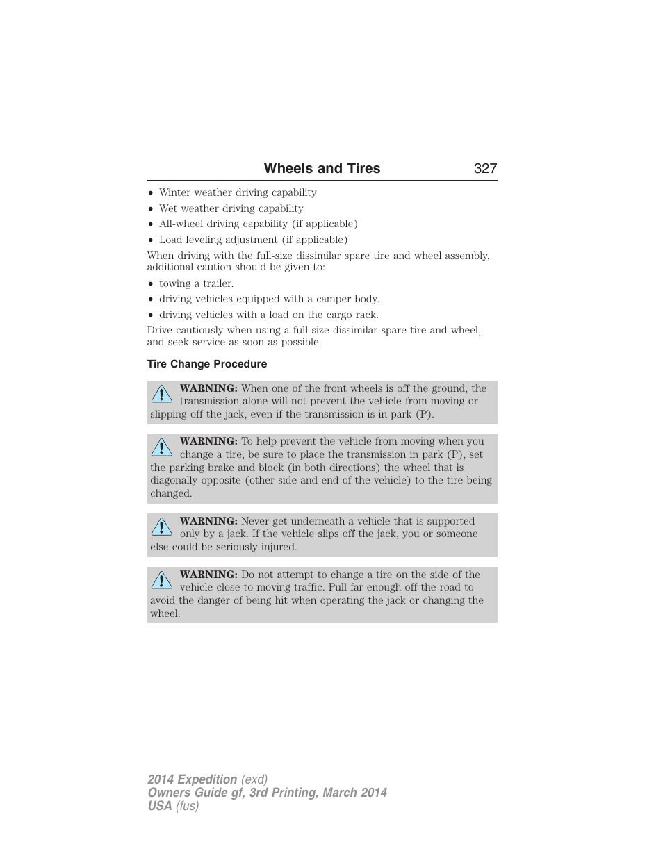 Tire change procedure, Wheels and tires 327 | FORD 2014 Expedition v.3 User Manual | Page 328 / 520