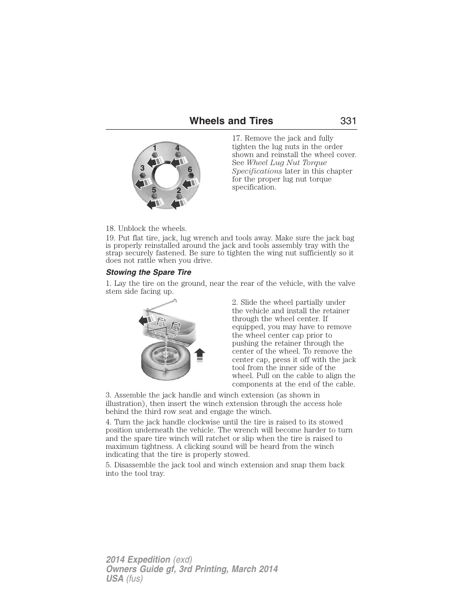 Stowing the spare tire, Wheels and tires 331 | FORD 2014 Expedition v.3 User Manual | Page 332 / 520