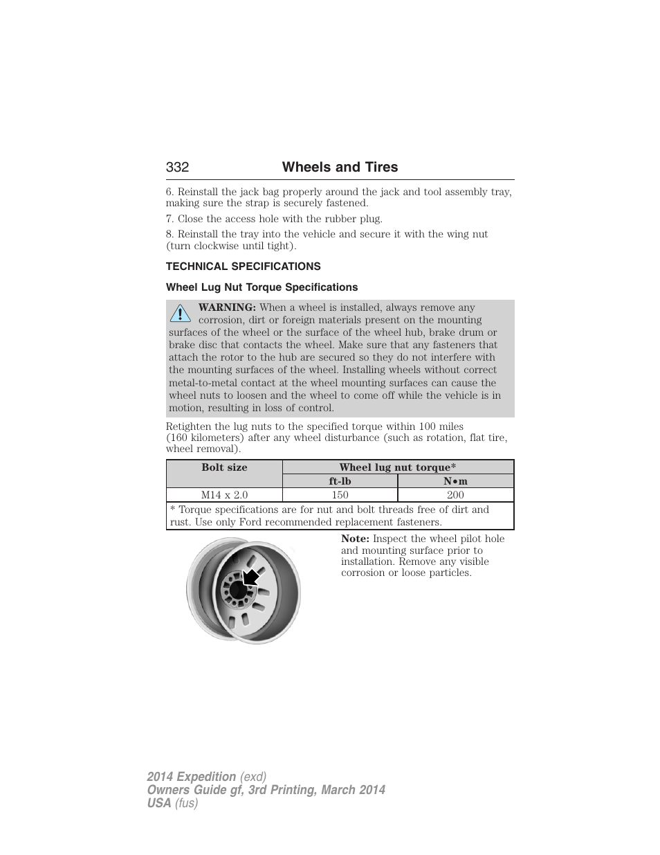 Technical specifications, Wheel lug nut torque specifications, Wheel lug nut torque | 332 wheels and tires | FORD 2014 Expedition v.3 User Manual | Page 333 / 520