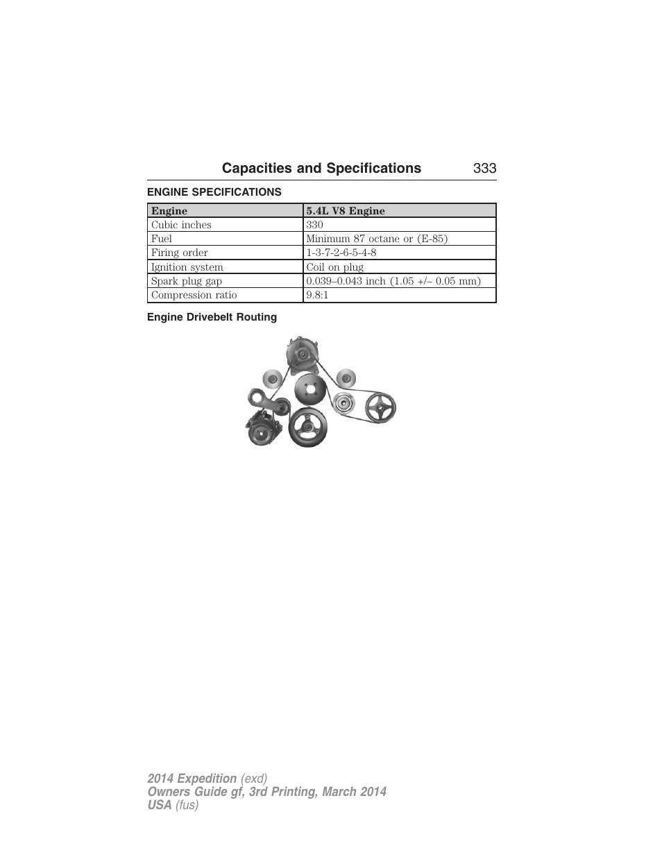 Capacities and specifications, Engine specifications, Engine drivebelt routing | Capacities and specifications 333 | FORD 2014 Expedition v.3 User Manual | Page 334 / 520