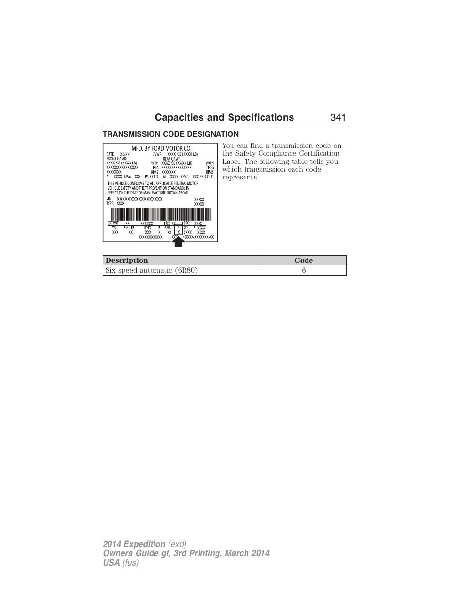 Transmission code designation, Capacities and specifications 341 | FORD 2014 Expedition v.3 User Manual | Page 342 / 520