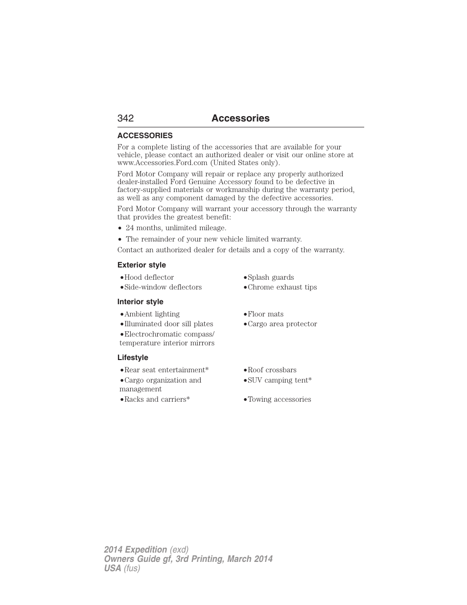 Accessories, Exterior style, Interior style | Lifestyle, 342 accessories | FORD 2014 Expedition v.3 User Manual | Page 343 / 520