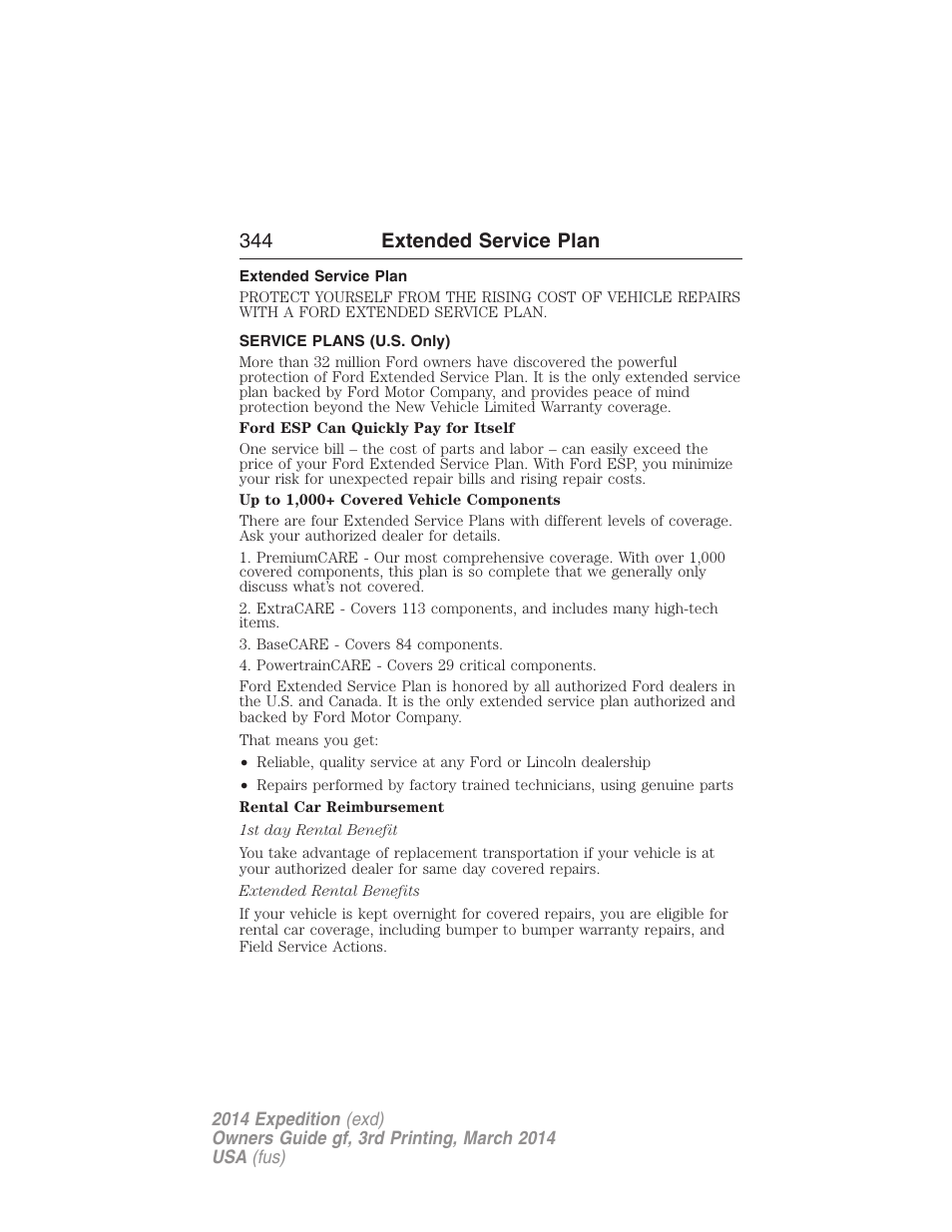 Extended service plan, Service plans (u.s. only), 344 extended service plan | FORD 2014 Expedition v.3 User Manual | Page 345 / 520