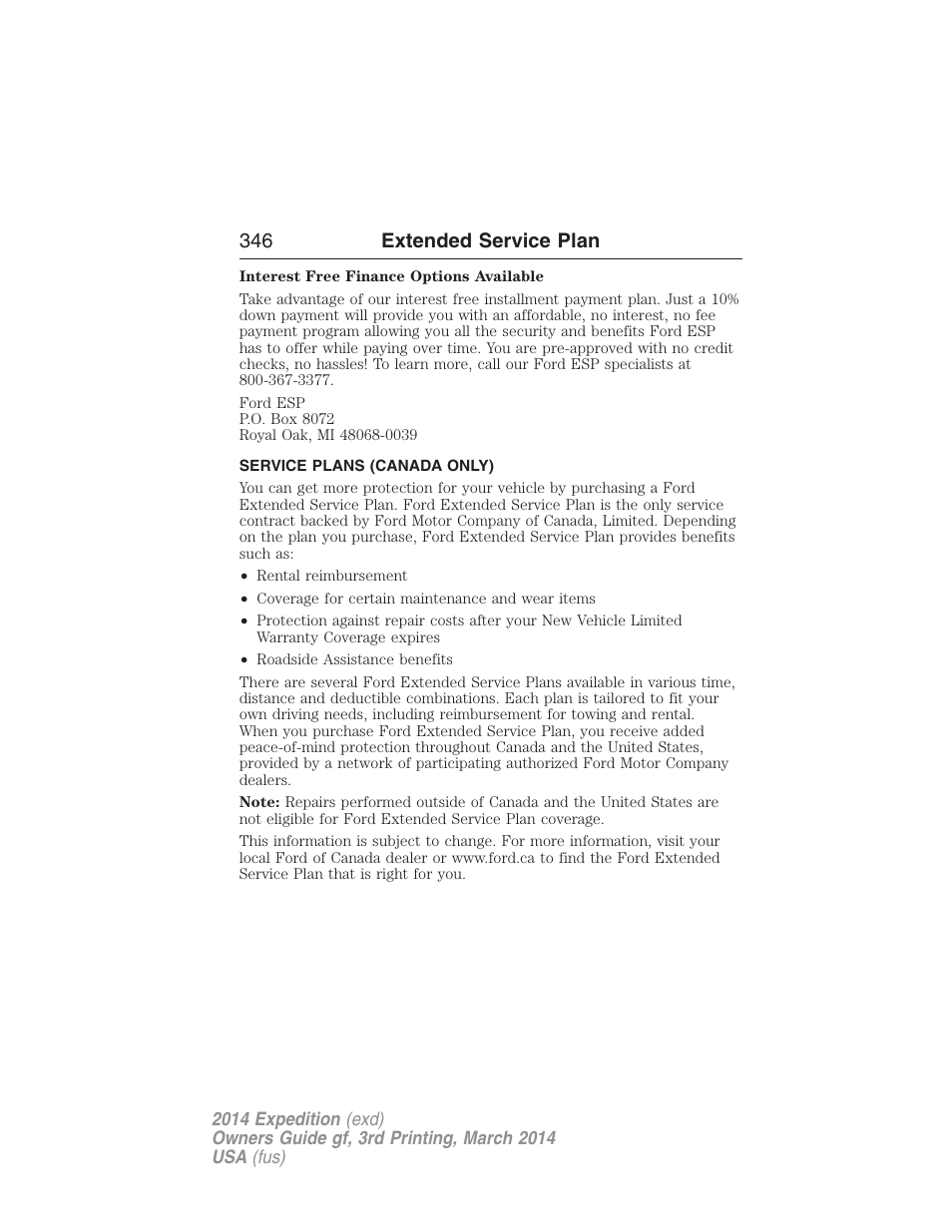 Service plans (canada only), 346 extended service plan | FORD 2014 Expedition v.3 User Manual | Page 347 / 520