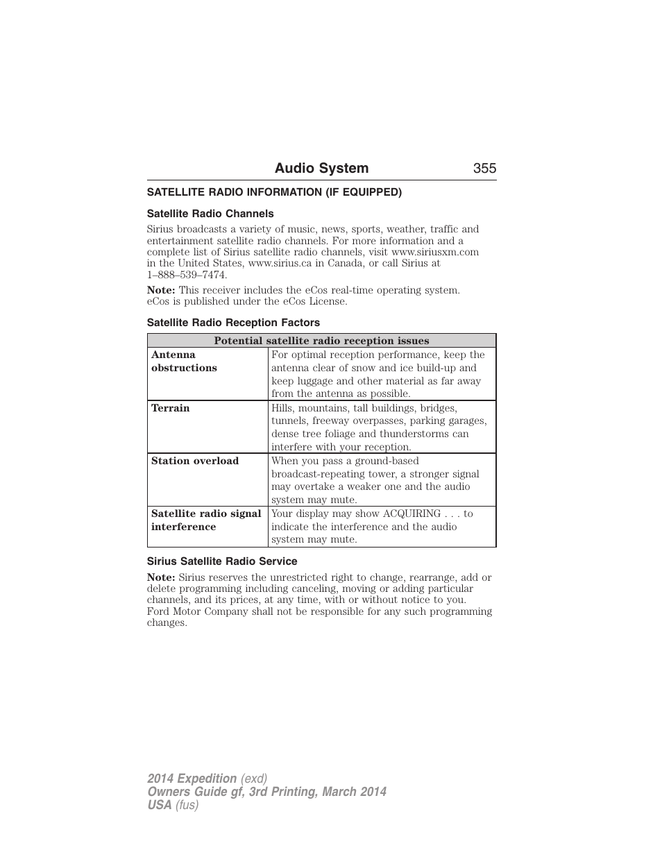 Satellite radio information (if equipped), Satellite radio channels, Satellite radio reception factors | Sirius satellite radio service, Satellite radio information, Audio system 355 | FORD 2014 Expedition v.3 User Manual | Page 356 / 520