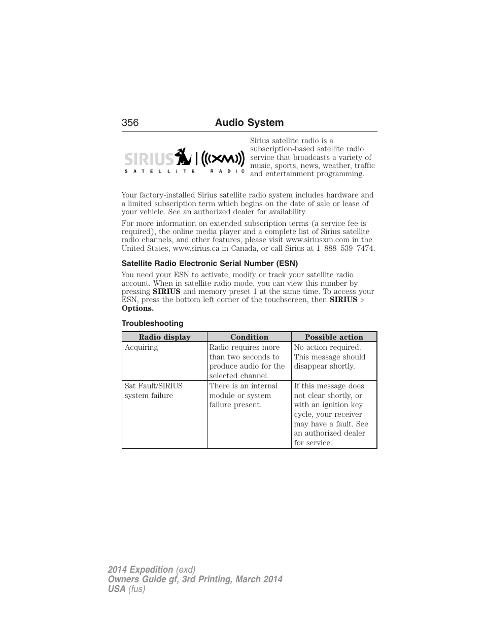 Satellite radio electronic serial number (esn), Troubleshooting, 356 audio system | FORD 2014 Expedition v.3 User Manual | Page 357 / 520