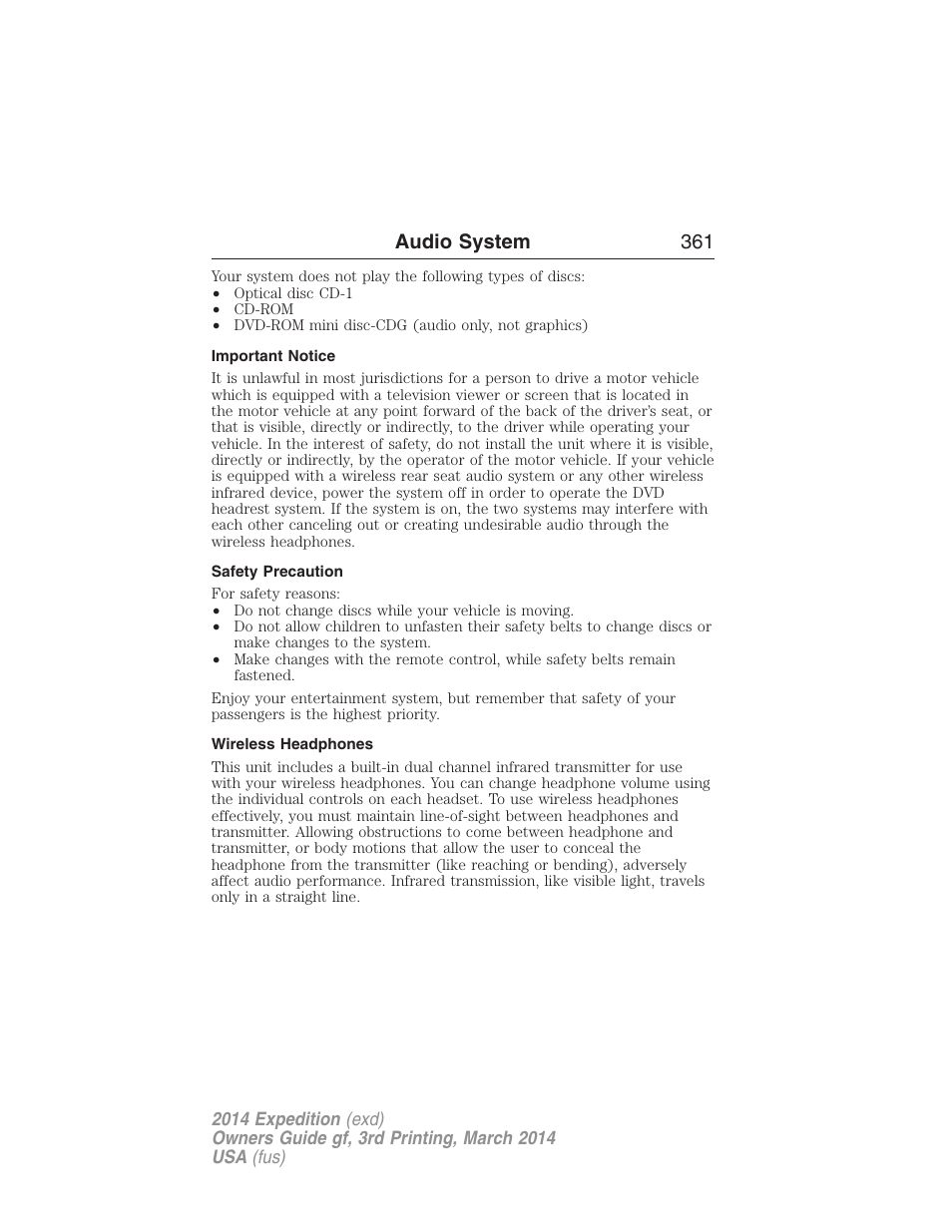 Important notice, Safety precaution, Wireless headphones | Audio system 361 | FORD 2014 Expedition v.3 User Manual | Page 362 / 520