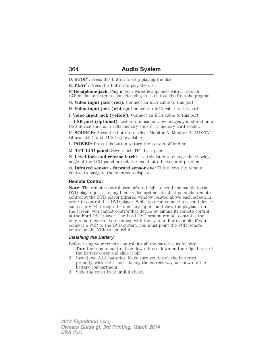 Remote control, Installing the battery, 364 audio system | FORD 2014 Expedition v.3 User Manual | Page 365 / 520