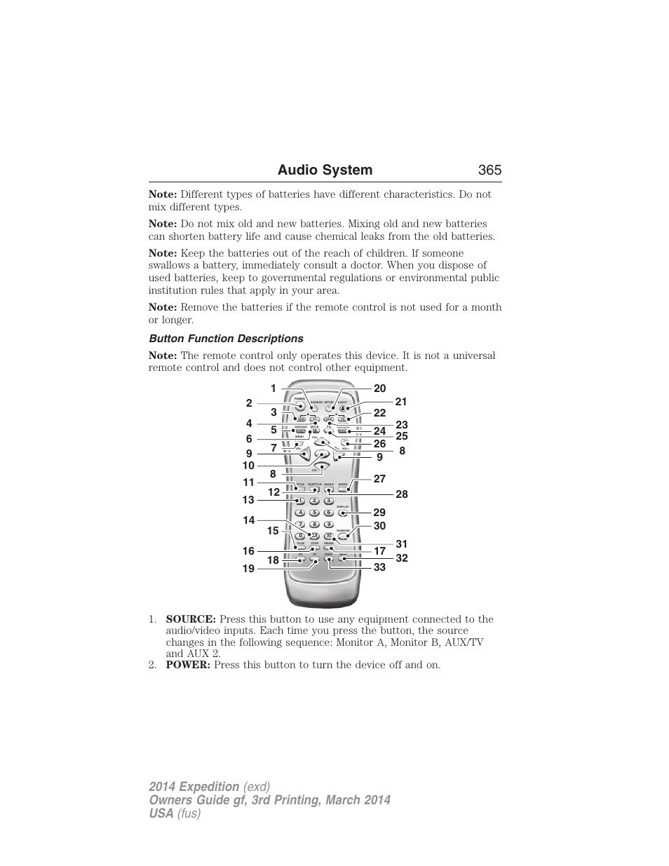 Button function descriptions, Audio system 365 | FORD 2014 Expedition v.3 User Manual | Page 366 / 520