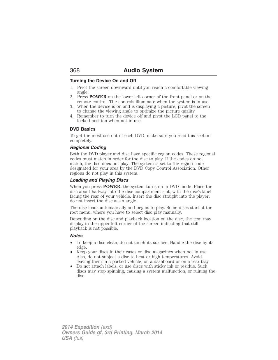 Turning the device on and off, Dvd basics, Regional coding | Loading and playing discs, Notes, 368 audio system | FORD 2014 Expedition v.3 User Manual | Page 369 / 520