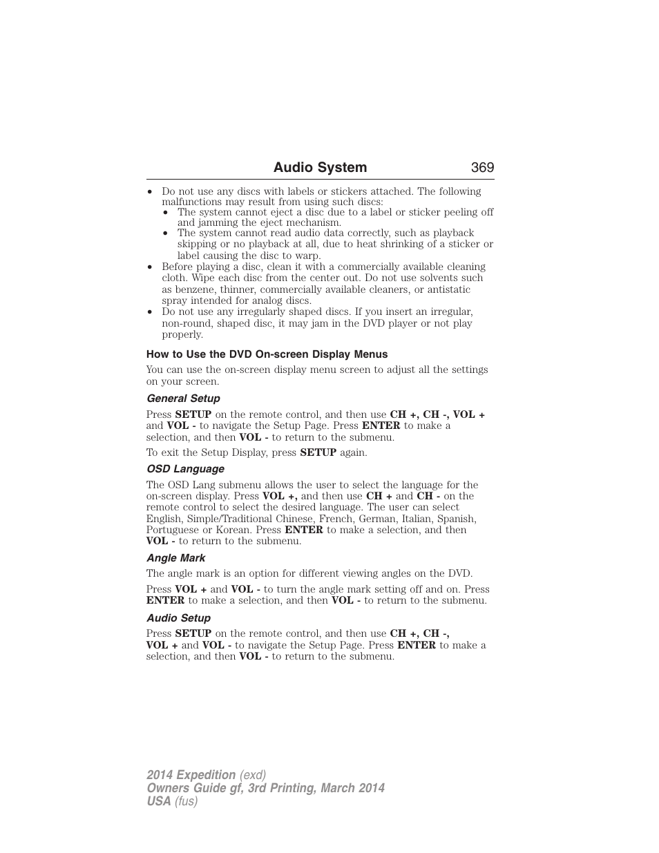 How to use the dvd on-screen display menus, General setup, Osd language | Angle mark, Audio setup, Audio system 369 | FORD 2014 Expedition v.3 User Manual | Page 370 / 520