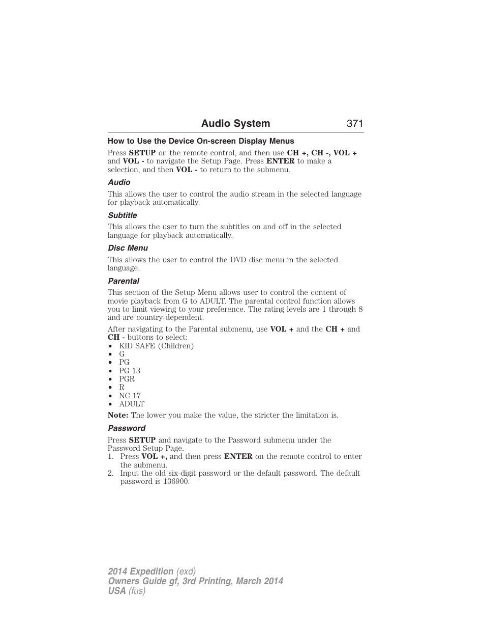 How to use the device on-screen display menus, Audio, Subtitle | Disc menu, Parental, Password, Audio system 371 | FORD 2014 Expedition v.3 User Manual | Page 372 / 520