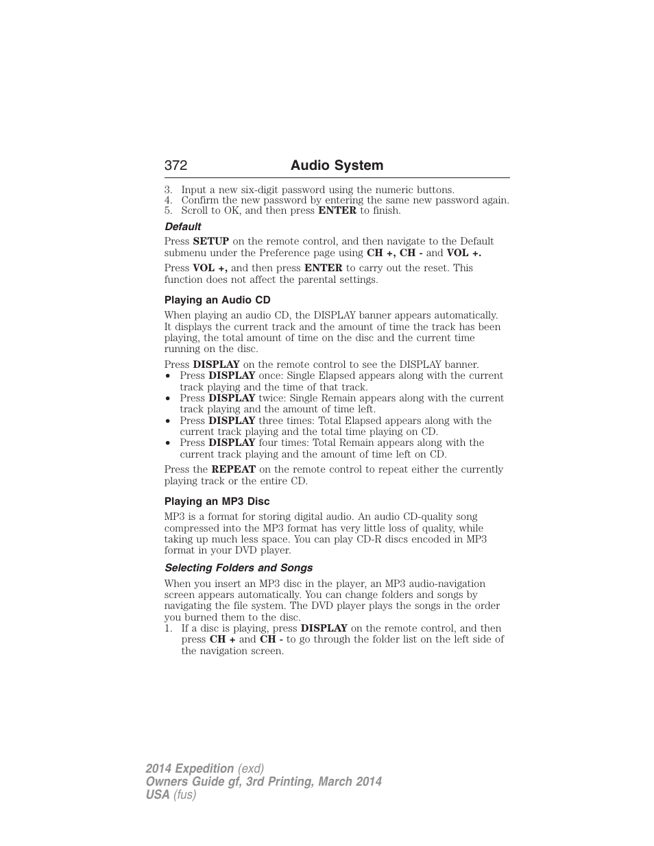 Default, Playing an audio cd, Playing an mp3 disc | Selecting folders and songs, 372 audio system | FORD 2014 Expedition v.3 User Manual | Page 373 / 520