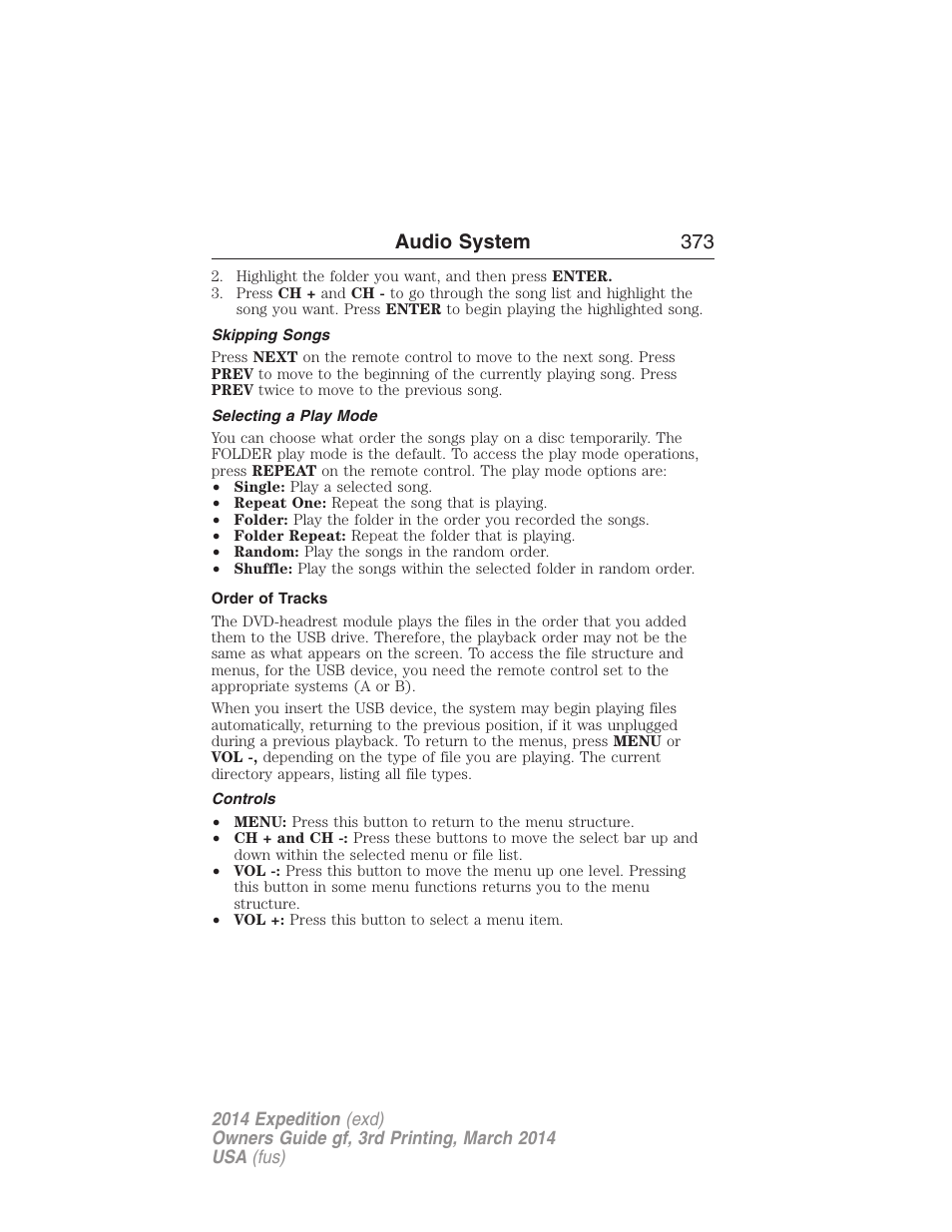 Skipping songs, Selecting a play mode, Order of tracks | Controls, Audio system 373 | FORD 2014 Expedition v.3 User Manual | Page 374 / 520