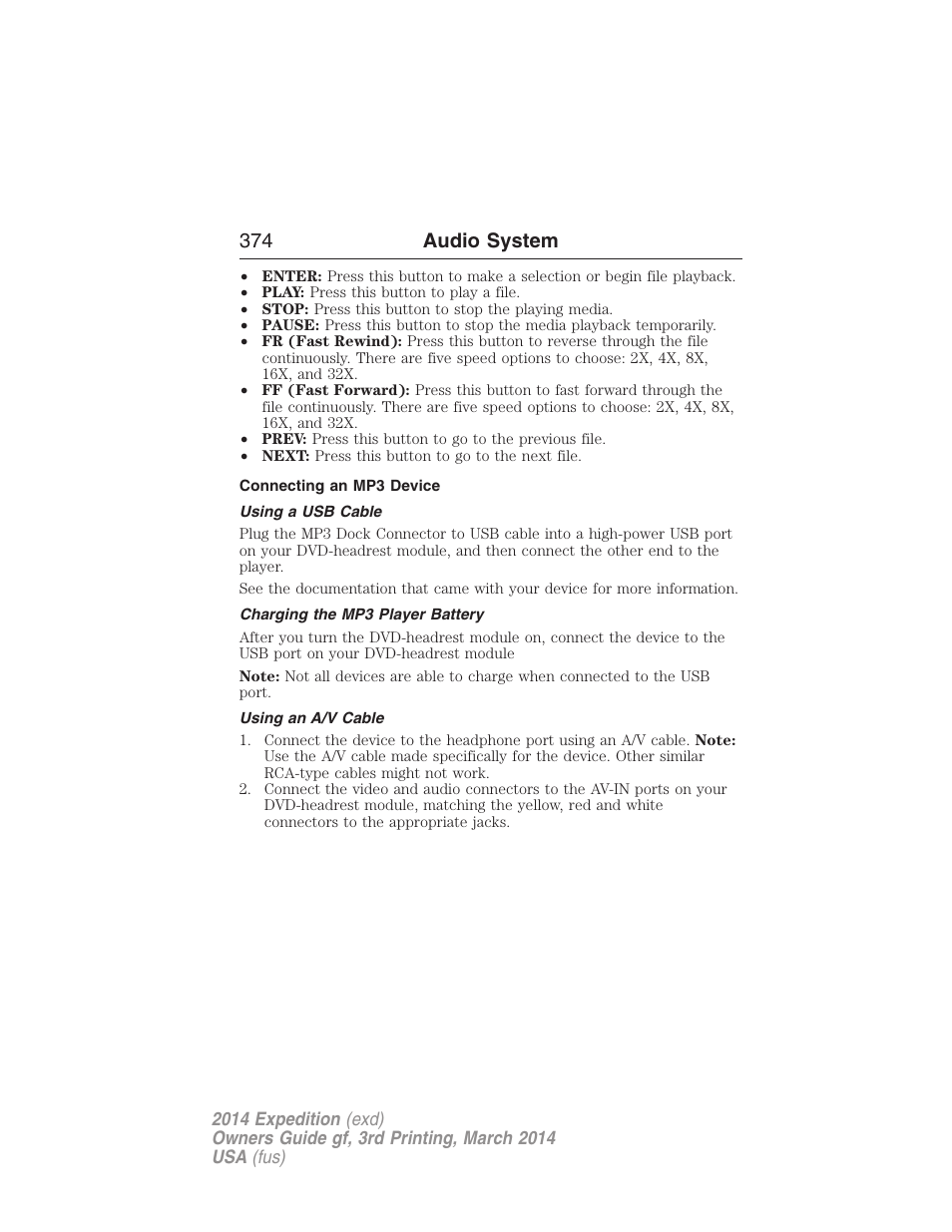Connecting an mp3 device, Using a usb cable, Charging the mp3 player battery | Using an a/v cable, 374 audio system | FORD 2014 Expedition v.3 User Manual | Page 375 / 520