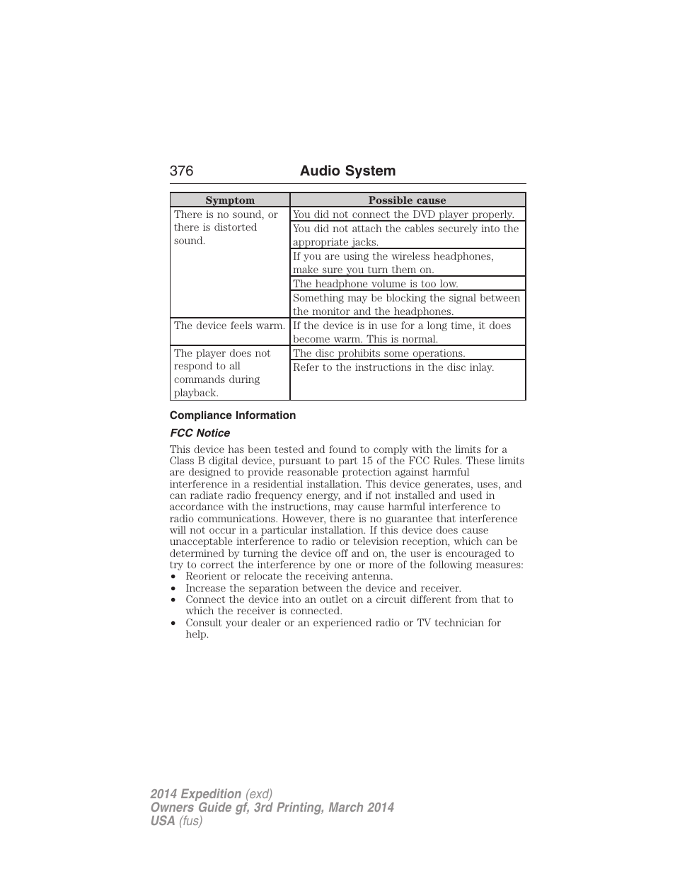 Compliance information, Fcc notice, 376 audio system | FORD 2014 Expedition v.3 User Manual | Page 377 / 520