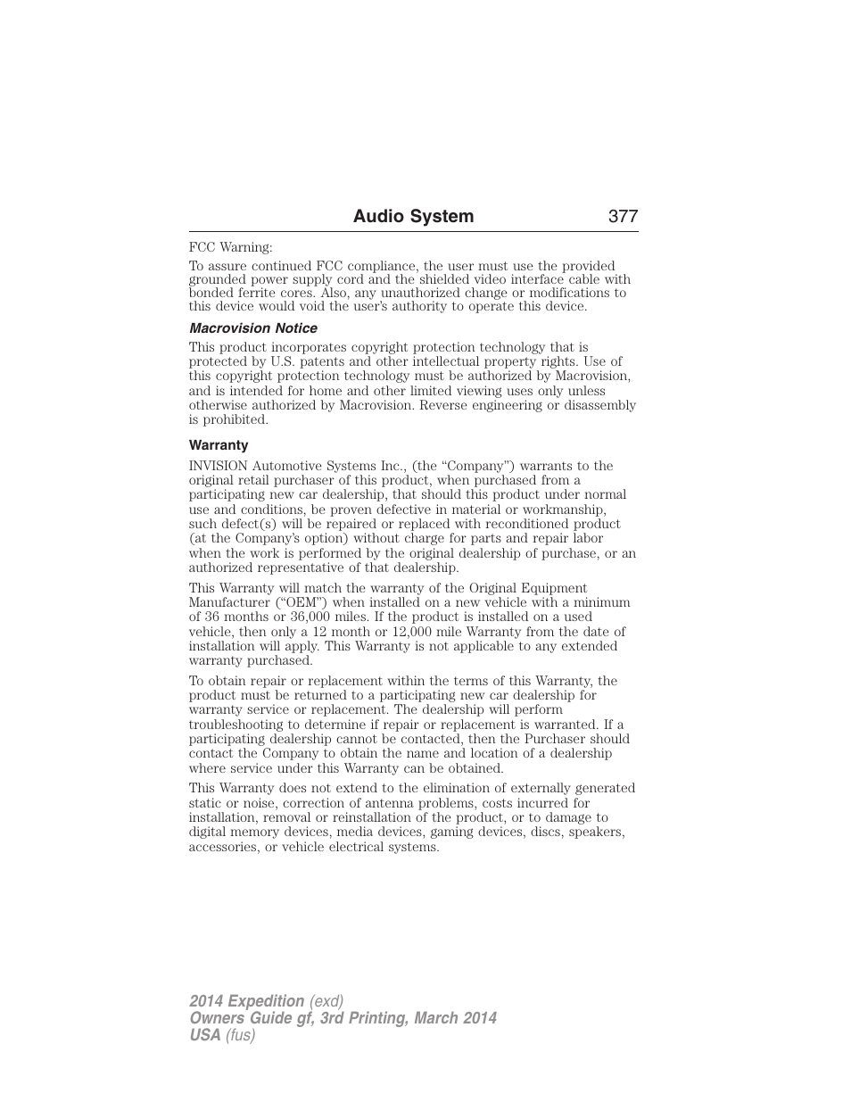 Macrovision notice, Warranty, Audio system 377 | FORD 2014 Expedition v.3 User Manual | Page 378 / 520