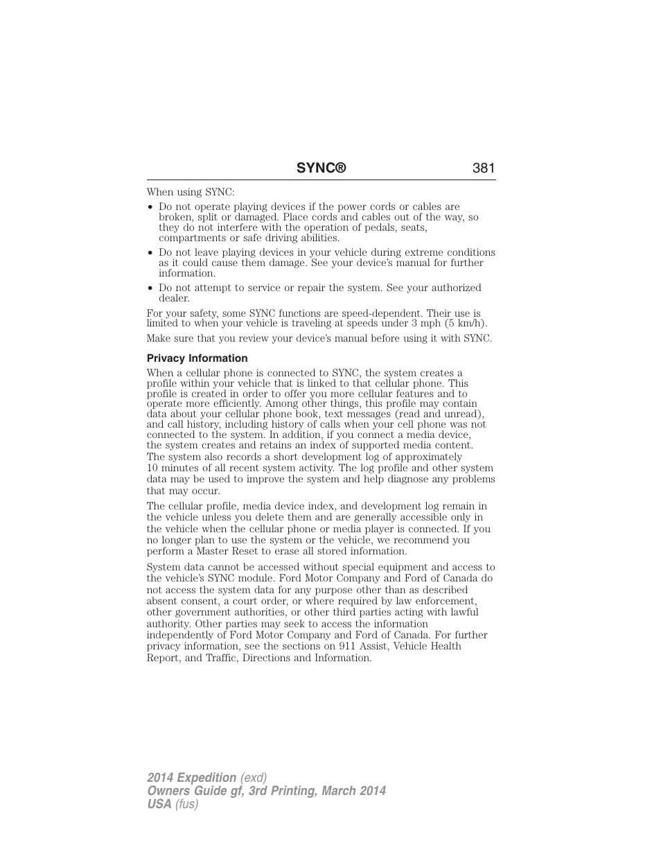 Privacy information, Sync® 381 | FORD 2014 Expedition v.3 User Manual | Page 382 / 520