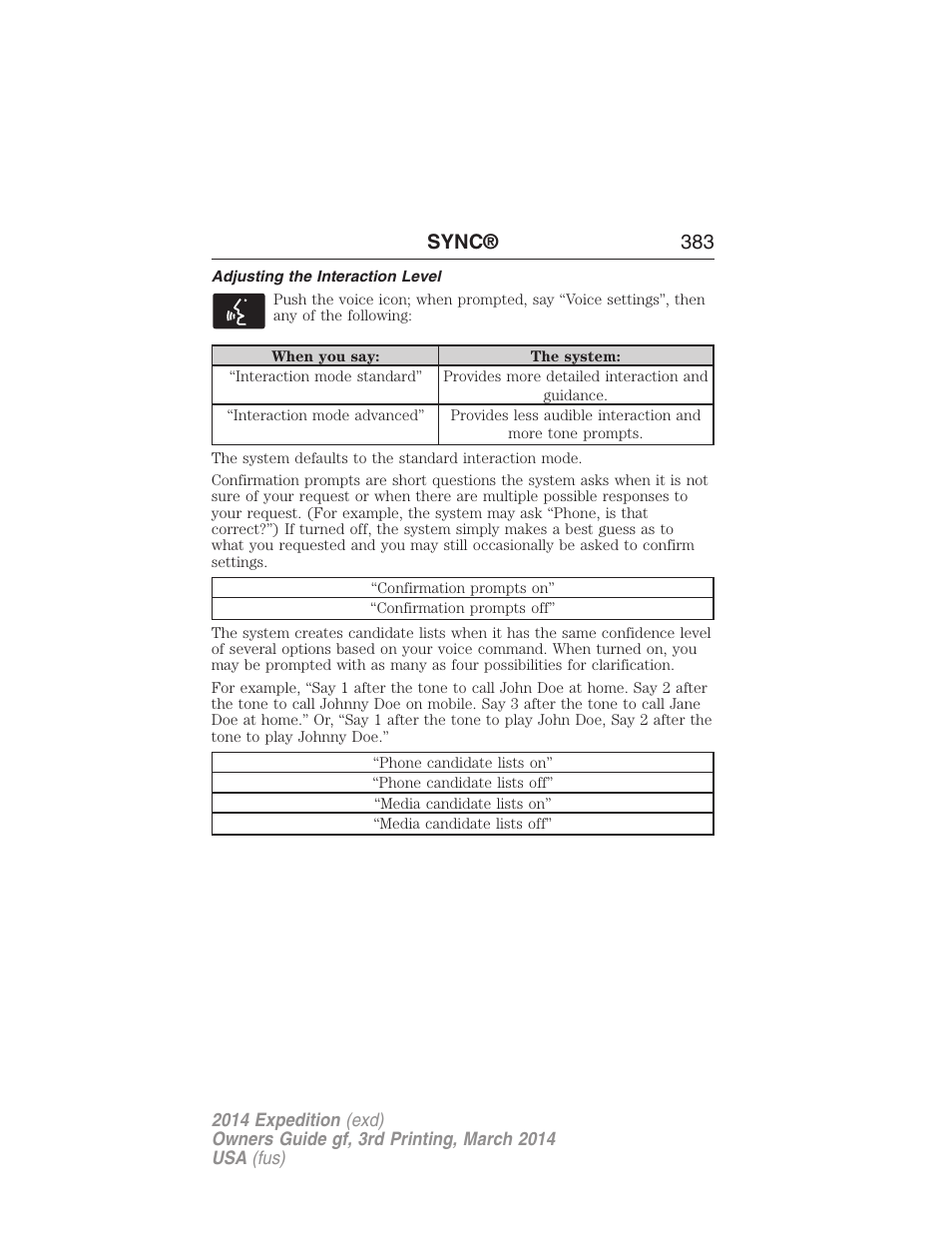 Adjusting the interaction level, Sync® 383 | FORD 2014 Expedition v.3 User Manual | Page 384 / 520