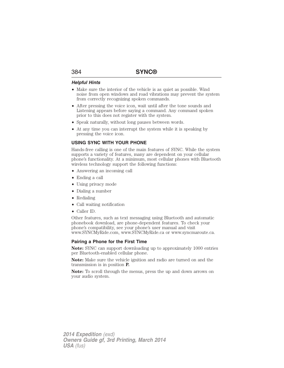 Helpful hints, Using sync with your phone, Pairing a phone for the first time | Pairing your phone for the first time, 384 sync | FORD 2014 Expedition v.3 User Manual | Page 385 / 520
