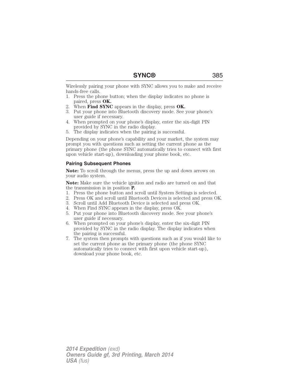 Pairing subsequent phones, Sync® 385 | FORD 2014 Expedition v.3 User Manual | Page 386 / 520