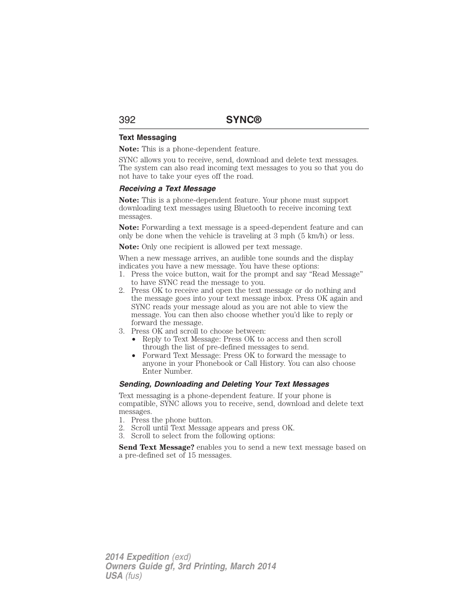 Text messaging, Receiving a text message, 392 sync | FORD 2014 Expedition v.3 User Manual | Page 393 / 520