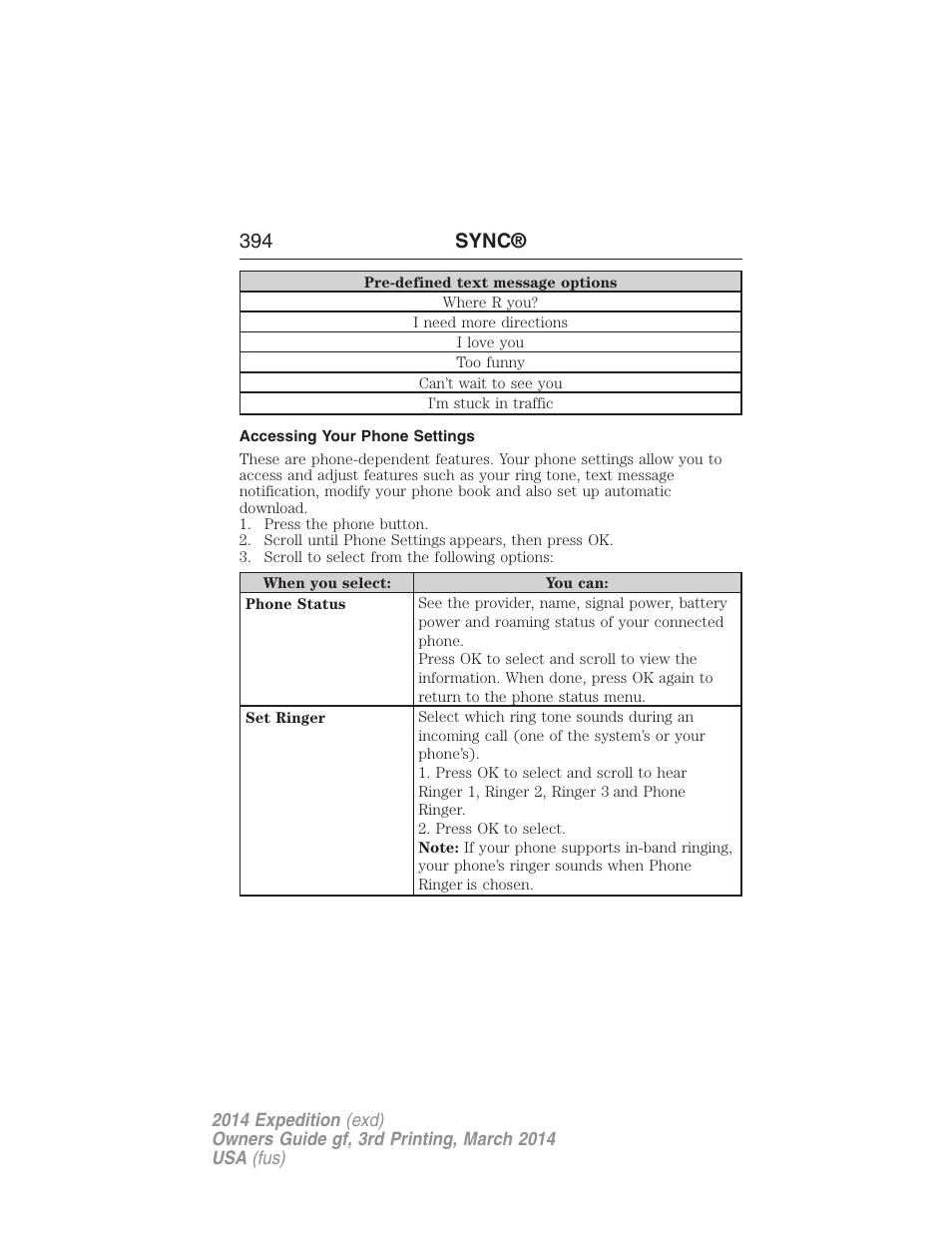 Accessing your phone settings, 394 sync | FORD 2014 Expedition v.3 User Manual | Page 395 / 520