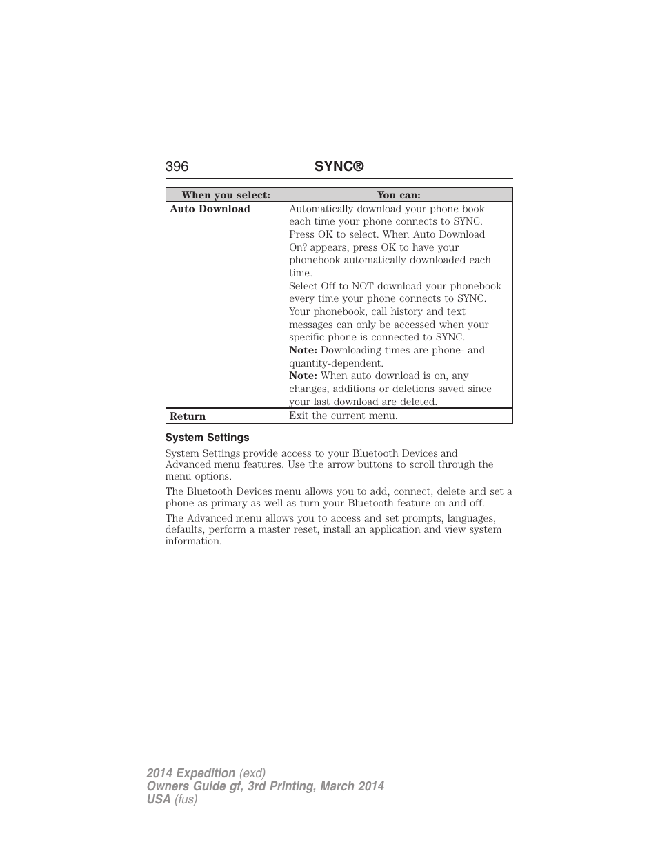 System settings, 396 sync | FORD 2014 Expedition v.3 User Manual | Page 397 / 520