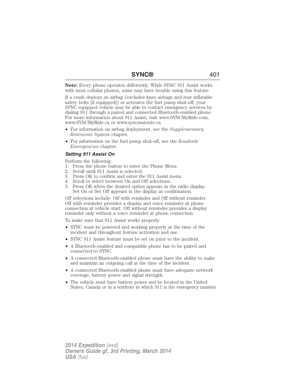Setting 911 assist on, Sync® 401 | FORD 2014 Expedition v.3 User Manual | Page 402 / 520
