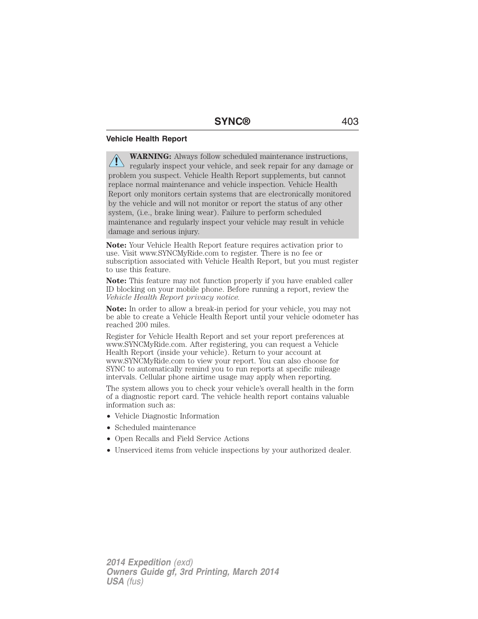 Vehicle health report, Sync® 403 | FORD 2014 Expedition v.3 User Manual | Page 404 / 520